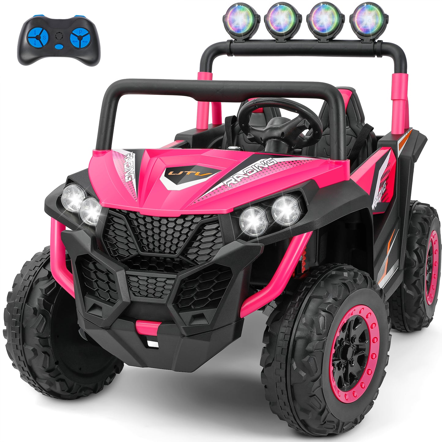 ELEMARA 2 Seater 24V Ride on Toys for Big Kids,Electric Car for kids w/ Parent Remote Control,Heavy-Duty Electric Ride On Truck w/ 4-Wheeler Suspension,5 Mph Max Speed,Bluetooth,Rainbowlight*4,Pink