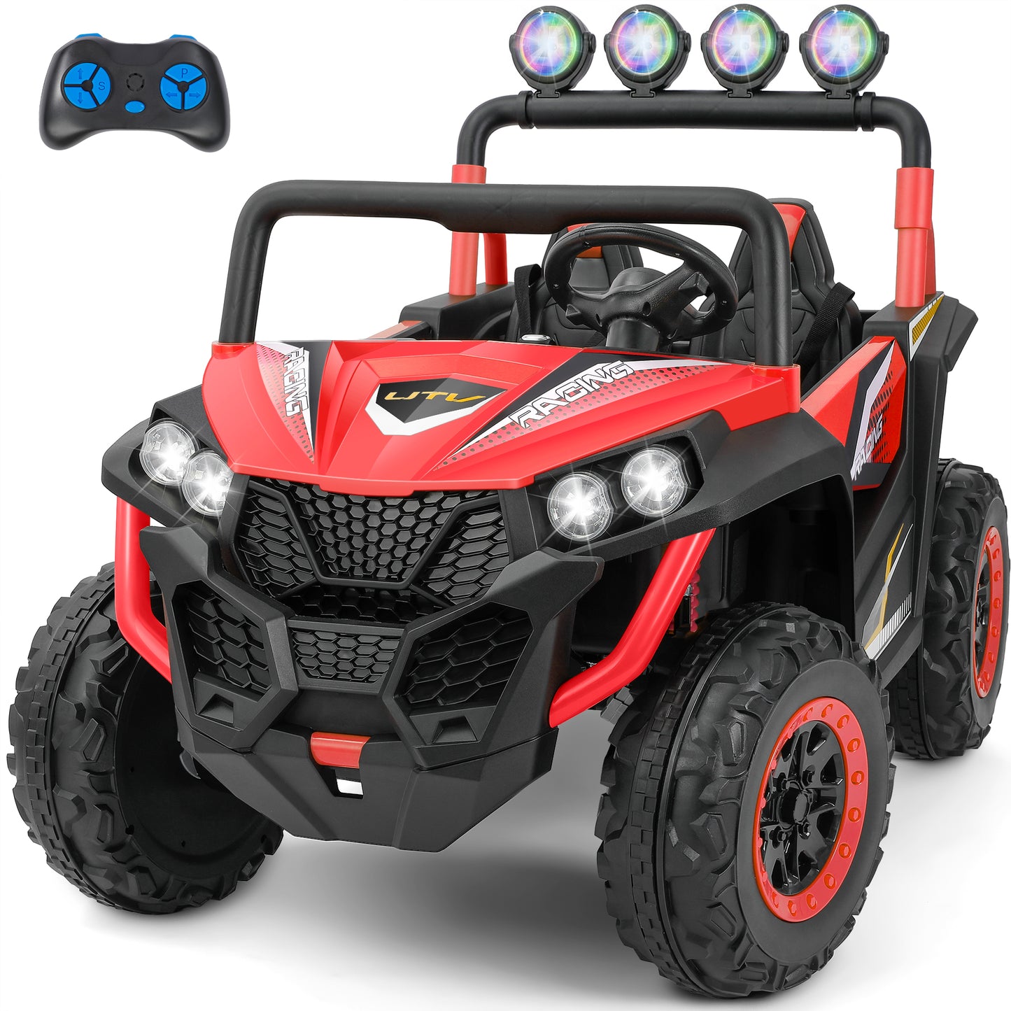 ELEMARA 2 Seater 24V Ride on Toys for Big Kids,Side by Side Electric Car,4WD Off-Road Battery Powered Ride On Car Truck with Parent Remote Control & Double Doors,Bluetooth,LED Light,Rainbowlight,Red