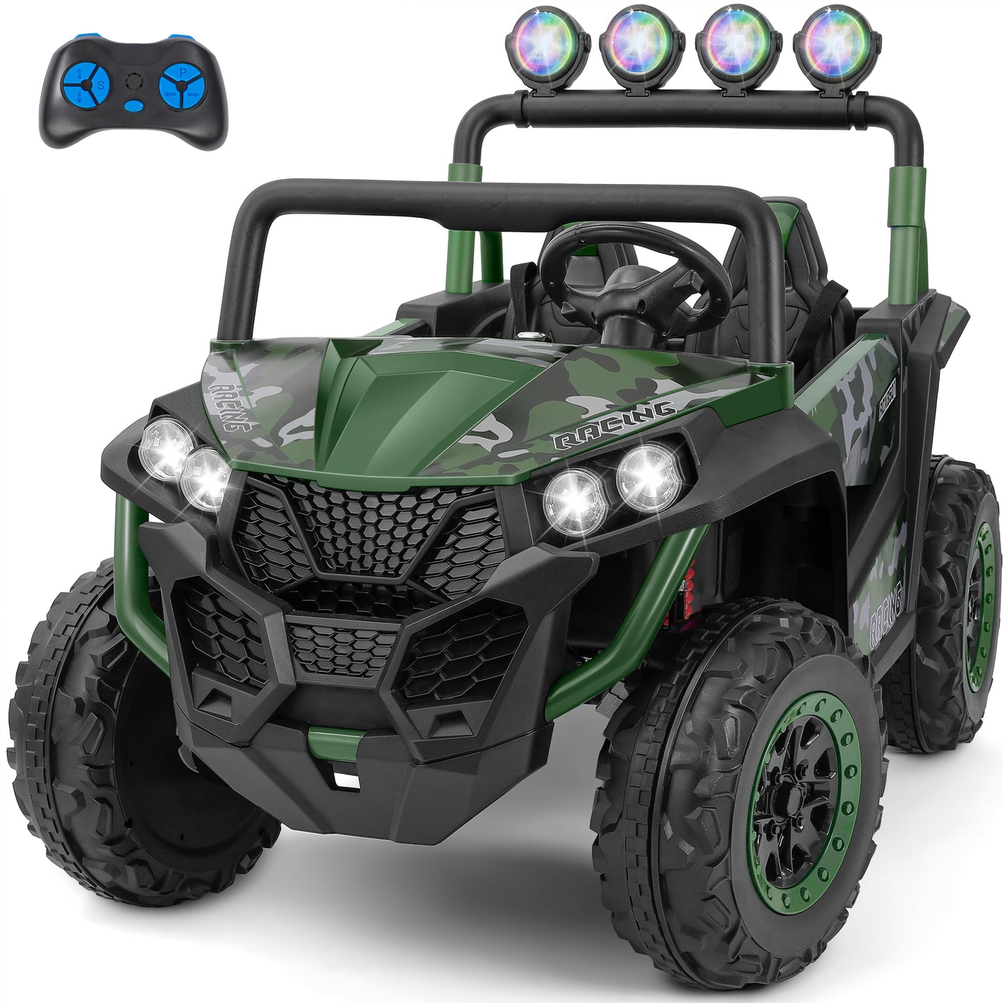 ELEMARA 2 Seater 24V Ride on Toys for Big Kids,XL Ride on Car with Remote Control,Max capacity 130lbs Battery Powered Kids car,5 Mph Max,4-Wheeler Suspension,Bluetooth,Rainbowlight*4,Camouflage Green