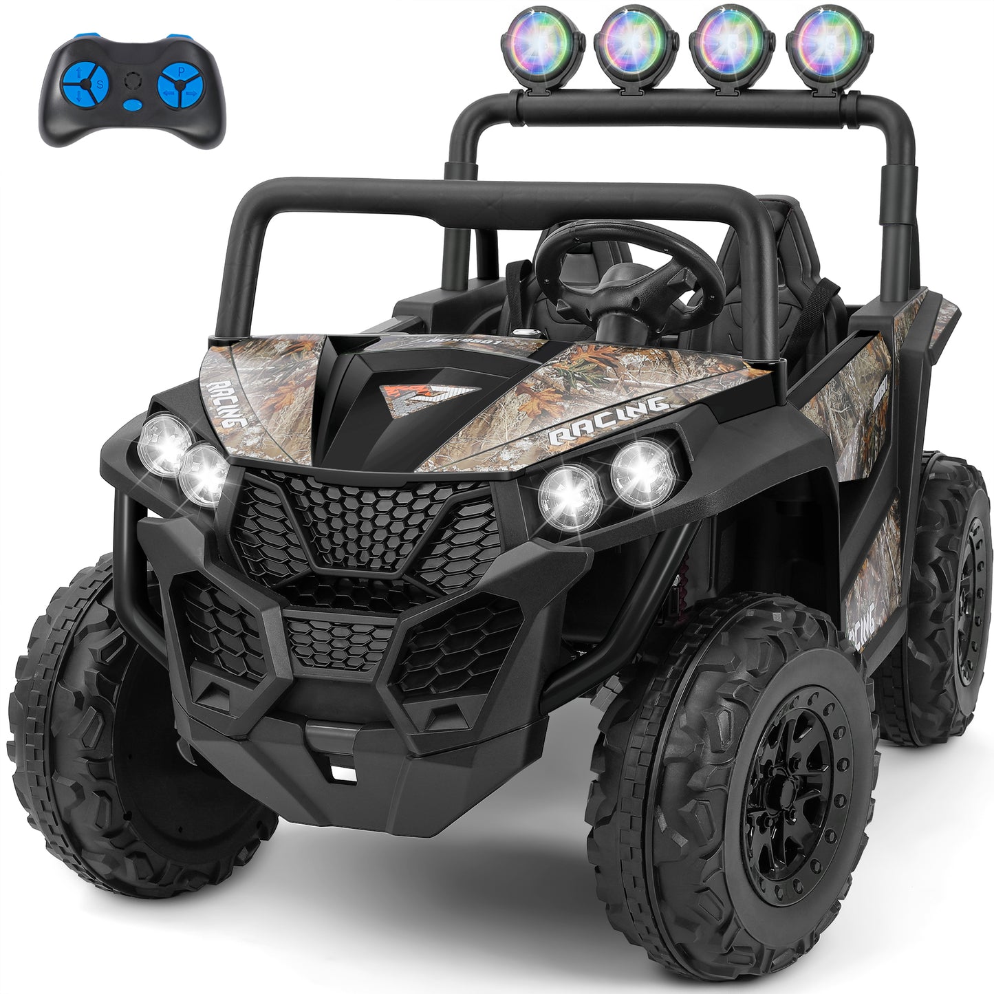 ELEMARA 2 Seater 24V Ride on Toys for Big Kids,4x4 All-Terrain Electric Vehicle,car activities for kids,car for toddlers W/Parents Control,Wide Seat,Soft Start,Bluetooth,LED Light,Camouflage Black
