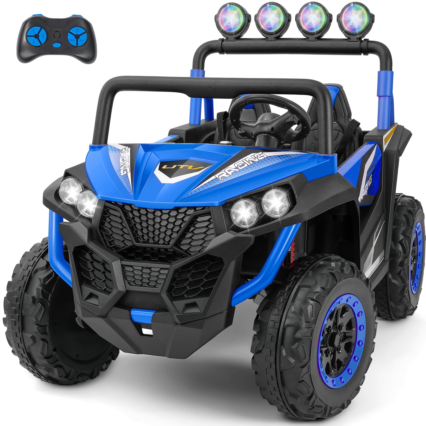 ELEMARA 2 Seater 24V Ride on Toys for Big Kids,Side by Side Large UTV Ride On Car for Kids,drivable Cars for Kid,Max Capacity 130lbs,4-Wheeler Suspension,Bluetooth,Rainbow Light*4,Music,Blue