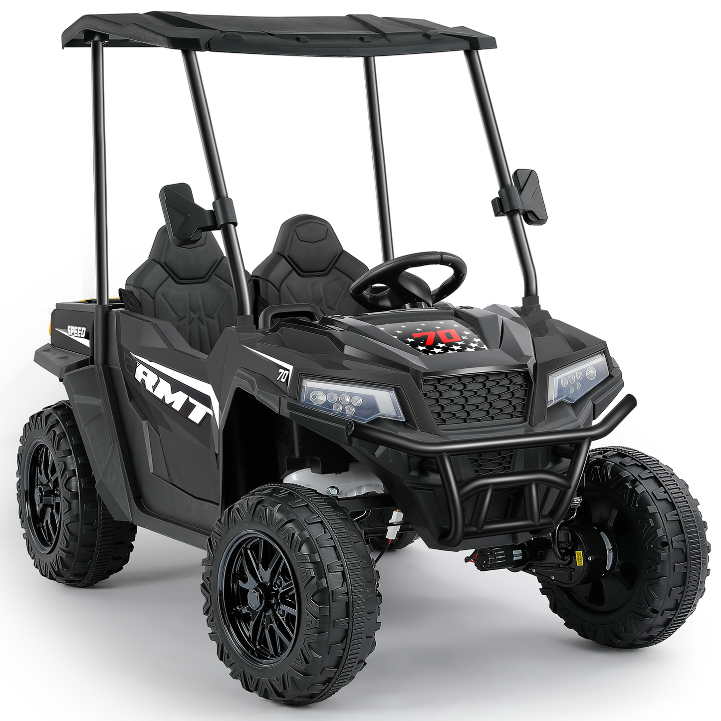 24V Ride on Toy for Big Kid,Ride on Car 2 Seater w/Sun Shade,Dump Bed & Shovel,4.5MPH,4WD Electric Car for Kids,Battery Car w/Remote,Kids Ride on Truck,3 Speed,LED Lights,Bluetooth, Dark Black
