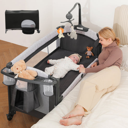 ELEMARA 4 in 1 Baby Bassinet Bedside Crib with Diaper Changer, Mattress, 1-Second Set up Bedside Bassinet with 3 Adjustable Height, Portable Crib with Storage/Toy Bar/Zip Door
