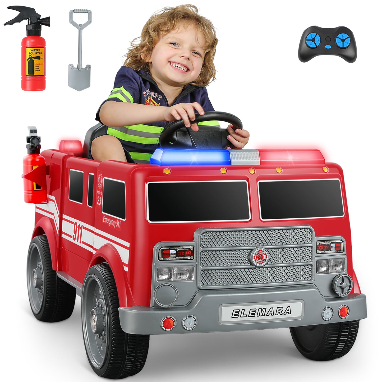 12V Ride on Fire Truck, Electric Ride on Car for Kids,Battery Powered Toddler Car w/Parent Remote Control,Siren-Call,walkie-talkies, Flashing Lights,Fire Extinguishers, Bluetooth,Music,UBS.
