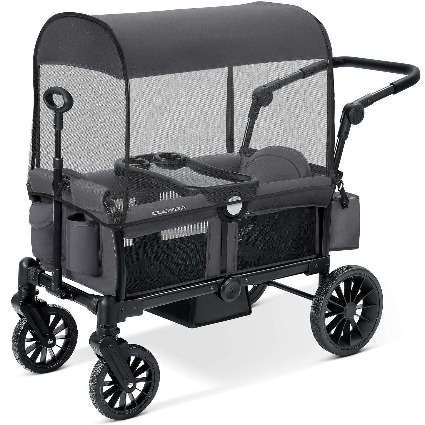 ELEMARA Foldable Wagon Stroller, Stroller Wagon for 2 Kids, Premium All Terrain Wagon for Kids with Removable Canopy, Adjustable Push/Pull Handle, Harnesses, Large Storage Bag, Gray