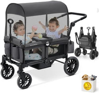 ELEMARA Foldable Wagon Stroller, Stroller Wagon for 2 Kids, Premium All Terrain Wagon for Kids with Removable Canopy, Adjustable Push/Pull Handle, Harnesses, Large Storage Bag, Black